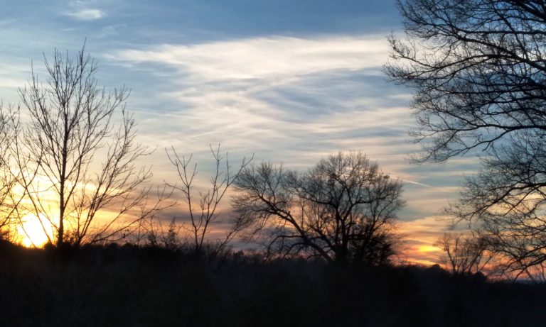 Old Woman of the Woods oak tree with a sunset and sundog, January, 2022 near Chickamauga NMP, NW Georgia